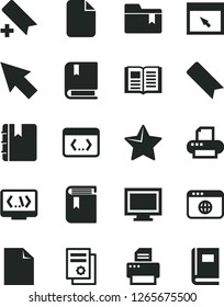 Solid Black Vector Icon Set - monitor window vector, add bookmark, clean sheet of paper, folder, book, e, star, notebook, scientific publication, printer, browser, coding, cursor, file