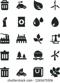 Solid Black Vector Icon Set - bin vector, dust, drop, bag with handles, apple stub, working oil derrick, leaves, leaf, windmill, wind energy, forest, industrial building, factory, eco car, electric