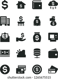 Solid Black Vector Icon Set - purse vector, buildings, big data server, cards, denomination of the dollar, get a wage, wallet, money, dollars, cash, cashbox, bag hand, rain, coin, mortgage, column