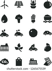 Solid Black Vector Icon Set - saving light bulb vector, drop, cabbage, mint, tangerine, yellow lemon, broccoli, solar panel, leaves, windmill, hydroelectric station, hydroelectricity, eco car, bag