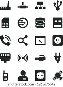 Solid Black Vector Icon Set - power socket type b vector, f, big data, electric plug, SIM, connections, scheme, dispatcher, phone call, mobile, usb, router, network, browser, connect, lan connector