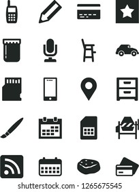 Solid Black Vector Icon Set - tassel vector, desktop microphone, calendar, bank card, rss feed, a chair for feeding child, concrete mixer, smartphone, nightstand, piece of meat, jam, retro car, SIM