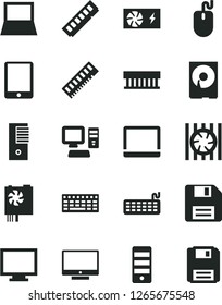 Solid Black Vector Icon Set - floppy disk vector, monitor, screen, computer, tablet pc, notebook, radiator fan, mouse, keyboard, power supply, tower, memory, hdd