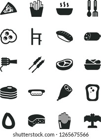 Solid Black Vector Icon Set - a chair for feeding vector, iron fork spoons, sausage, stick of, cheese, piece pizza, mini hot dog, noodles, porridge, lettuce in plate, grill chicken leg, bacon