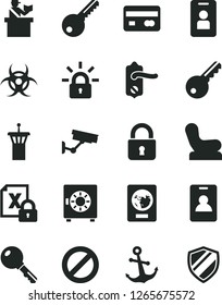 Solid Black Vector Icon Set - prohibition vector, Baby chair, key, door knob, lock, anchor, strongbox, reverse side of a bank card, encrypting, biohazard, airport tower, identity, passort control