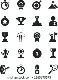 Solid Black Vector Icon Set - stopwatch vector, winner podium, prize, award, cup, gold, star, man with medal, flag, mountain, target, purpose, first place, pennant, cloud ladder, tennis