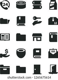 Solid Black Vector Icon Set - folder vector, book, e, books, ntrance door, received letter, cardboard box, 24, package, canned goods, half of coconut, stall, get a wage, arm with key, exit