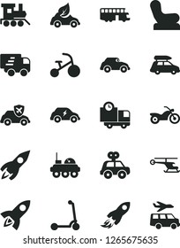 Solid Black Vector Icon Set - Baby chair vector, motor vehicle present, toy train, tricycle, child Kick scooter, delivery, eco car, electric transport, retro, autopilot, rocket, space, Express, bus