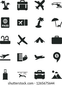 Solid Black Vector Icon Set - suitcase vector, case, passport, helicopter, dollar pin, plane, rolling, ticket, departure, hotel, tent, beach, arnchair under umbrella, palm tree, pool, mountains
