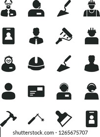 Solid Black Vector Icon Set - builder vector, trowel, building, paint roller, construction helmet, putty knife, hammer with claw, employee, pass card, operator, welding, woman, man, dispatcher