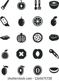 Solid Black Vector Icon Set - mark of injury vector, iron fork spoons, arm saw, knife, stationery, pizza, slices onion, piece meat, half pomegranate, mango, peach, melon, cherry, passion fruit, kiwi