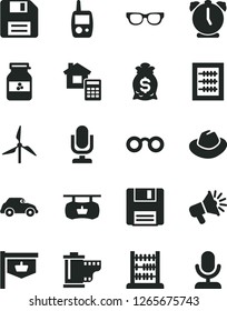 Solid Black Vector Icon Set - desktop microphone vector, floppy disk, hat, camera roll, new abacus, toy mobile phone, estimate, alarm clock, jar of jam, windmill, retro car, vintage sign, glasses