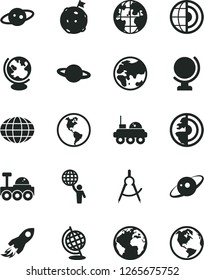 Solid Black Vector Icon Set - sign of the planet vector, globe, Earth, scribed compasses, space rocket, core, saturn, lunar rover, man hold world, flag on moon