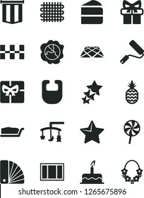 Solid Black Vector Icon Set - toys over the cradle vector, bib, cake, window frame, new roller, color samples, ceramic tiles, pavement, star, piece of, slice, lollipop, a pineapple, squash, weaving