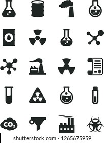 Solid Black Vector Icon Set - round flask vector, manufacture, factory, oil, barrel, industrial building, radiation, carbon dyoxide, water filter, research article, test tube, molecule, nuclear