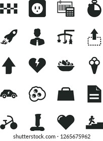 Solid Black Vector Icon Set - upward direction vector, scribbled paper, toys over the cradle, tricycle, power socket type b, ceramic tiles, calculation, employee, heart, broken, timer, move up, cone