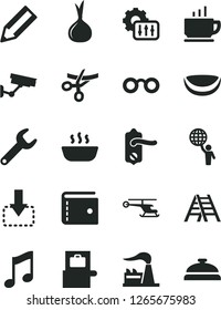 Solid Black Vector Icon Set - purse vector, ladder, door knob, music, coffee, move down, hot porridge, piece of coconut, onion, factory, repair key, pencil, settings, glasses, man hold world