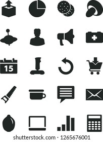 Solid Black Vector Icon Set - image of thought vector, envelope, counterclockwise, pie chart, bag a paramedic, children's potty, yule, hand saw, calendar, put in cart, megaphone, unpacking, porcini