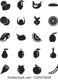 Solid Black Vector Icon Set - loaf vector, chicken, grill leg, chili, sushi, biscuit, strawberry, slice of water melon, mango, loquat, ripe plum, passion fruit, half orange, delicious apple, guava