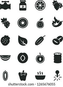 Solid Black Vector Icon Set - hot porridge vector, peper, coffee beans, jar of jam, strawberries, grape, branch, plum, water melon slice, half cherry, sweet date fruit, juicy lemon, kiwi, guawa