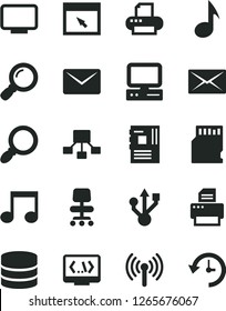 Solid Black Vector Icon Set - hierarchical scheme vector, computer, motherboard, monitor, usb, printer, browser, coding, wireless, magnifier, note, chair, sd card, big data, mail, history