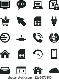 Solid Black Vector Icon Set - house vector, laptop, monitor window, speech, smartphone, drawer, put in cart, electric plug, SIM card, planet, phone call, encrypting, network, connect, coding, cursor