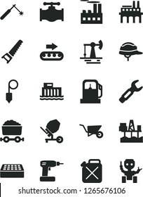 Solid Black Vector Icon Set - building trolley vector, concrete mixer, cordless drill, hand saw, helmet, brick, plummet, commercial seaport, working oil derrick, gas station, valve, hydroelectric