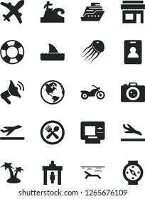 Solid Black Vector Icon Set - earth vector, motorcycle, identity card, security gate, plane, departure, arrival, atm, beach, palm tree, cafe, surfing, camera, store, loudspeaker, lifebuoy, cruiser