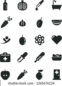 Solid Black Vector Icon Set - first aid kit vector, measuring bottle for feeding, mercury thermometer, bath, heart, lettuce in a plate, carrot, half pomegranate, quince, tasty apple, mulberry, atom