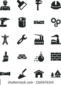 Solid Black Vector Icon Set - builder vector, brickwork, big core, trowel, cordless drill, wooden paint brush, construction level, building, helmet, putty knife, pavement, home, factory, power line