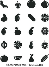Solid Black Vector Icon Set - cucumber vector, pear, peach, rose hip, half of medlar, slice melon, water, tangerine, ripe plum, cherry, lemon, yellow, passion fruit, sour lime, orange, grapefruit