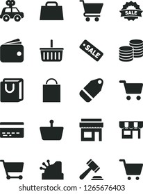 Solid Black Vector Icon Set - paper bag vector, grocery basket, bank card, hammer of a judge, motor vehicle present, cart, with handles, kiosk, coins, label, shopping, wallet, hand, cashbox, store