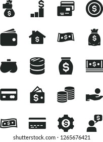 Solid Black Vector Icon Set - bank card vector, cards, coins, reverse side of a, column, catch coin, wallet, purse, money, dollars, cash, dollar, bag hand, mortgage, pedestal, gear, dialog