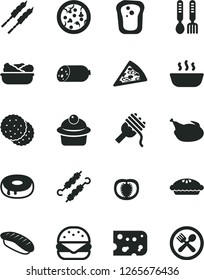 Solid Black Vector Icon Set - iron fork spoons vector, sausage, piece of cheese, pizza, big burger, spaghetti, muffin, cake with a hole, pie, hot porridge, lettuce in plate, chicken, barbecue, cafe