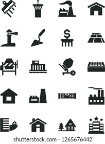 Solid Black Vector Icon Set - house vector, dwelling, building trowel, concrete mixer, level, brick, spatula, paving slab, home, factory, hydroelectric station, industrial, thermal power plant