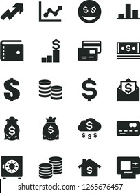 Solid Black Vector Icon Set - purse vector, growth up, dollar, graph, strongbox, cards, coins, front of the bank card, chart, denomination, dollars, cash, money rain, mortgage, pedestal, bag, eyes