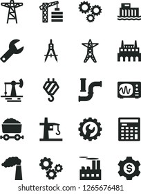 Solid Black Vector Icon Set - repair key vector, tower crane, hook, gear, working oil derrick, water pipes, manufacture, hydroelectric station, power line, pole, industrial building, factory, gears