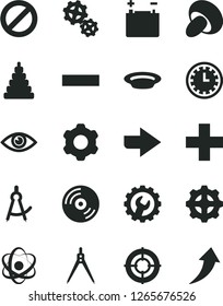 Solid Black Vector Icon Set - prohibition vector, clock face, right direction, plus, minus, stacking toy, cogwheel, gear, eye, CD, porcini, plate, accumulator, gears, atom, drawing compass, aim