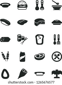 Solid Black Vector Icon Set - plates and spoons vector, plastic fork, iron, sausage, stick of, cheese, fried vegetables on sticks, mini hot dog, burger, pie, plate, grill chicken leg, bacon, chop