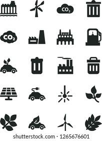 Solid Black Vector Icon Set - bin vector, solar panel, leaves, gas station, windmill, wind energy, hydroelectricity, industrial building, thermal power plant, factory, eco car, electric, CO2, trash