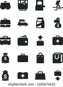 Solid Black Vector Icon Set - bag of a paramedic vector, medical, suitcase, with handles, package, glass tea, briefcase, wallet, purse, dollars, hand, money, car baggage, backpacker, scanner