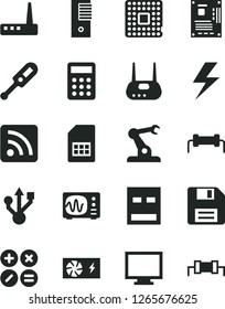 Solid Black Vector Icon Set - lightning vector, floppy disk, monitor, rss feed, electronic thermometer e, math actions, processor, assembly robot, SIM card, calculator, pc power supply, tower, usb