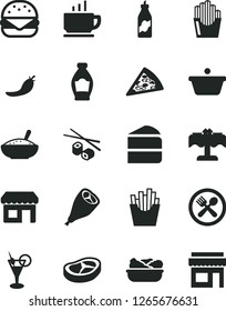 Solid Black Vector Icon Set - coffee vector, piece of pizza, big burger, cake, a bowl rice porridge, lettuce in plate, grill chicken leg, bacon, French fries, fried potato slices, Chinese chopsticks