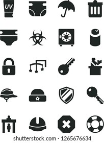 Solid Black Vector Icon Set - mark of injury vector, toys over the cot, diaper, nappy, powder, warm hat, construction helmet, dust bin, lock, key, umbrella, strongbox, biohazard, security gate