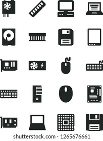 Solid Black Vector Icon Set - laptop vector, processor, computer, tablet pc, notebook, radiator fan, mouse, keyboard, power supply, tower, motherboard, memory, card, hdd, floppy