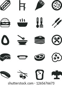 Solid Black Vector Icon Set - plates and spoons vector, a chair for feeding, iron fork, stick of sausage, cheese, pizza, Hot Dog, mini, burger, porridge, grill chicken leg, bacon, barbecue, omelette