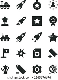 Solid Black Vector Icon Set - add bookmark vector, remove label, star, rocket, space, lunar rover, bang, cup, reward, medal, flag, certificate, dollar gear, stars around man, disco ball