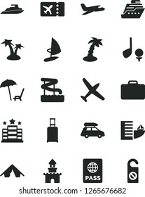 Solid Black Vector Icon Set - passport vector, sand castle, plane, car baggage, suitcase, rolling, ticket, hotel, tent, arnchair under umbrella, palm tree, aquapark, golf, cruiser, yacht