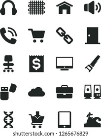 Solid Black Vector Icon Set - briefcase vector, spectacles, hand saw, ntrance door, home, screen, volume, put in cart, weaving, shopping, financial item, phone call, tablet pc, usb flash, headphones