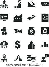 Solid Black Vector Icon Set - dollar vector, line chart, strongbox, coins, recession, a crisis, article on the, money, financial report, growth arrows, gold bar, bag hand, rain, pedestal, column